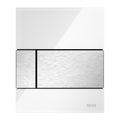Стеклянная панель смыва для писсуара TECEsquare, стекло белое, клавиши нержавеющая сталь сатин, покрытие против отпечатков пальцев