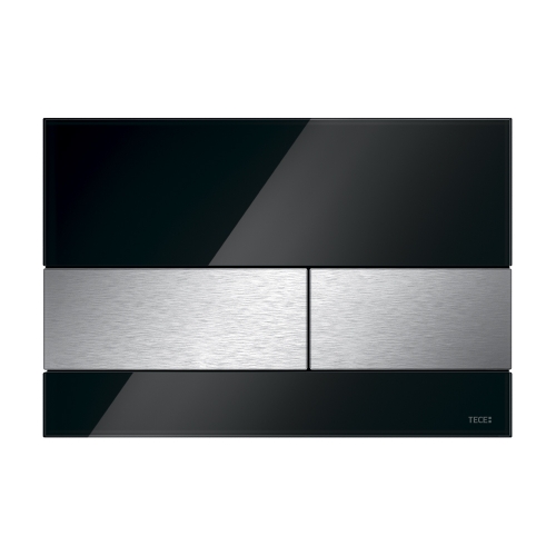 9240806 Стеклянная панель смыва для унитаза TECEsquare, стекло черное, клавиши нержавеющая сталь сатин, покрытие против отпечатков пальцев 