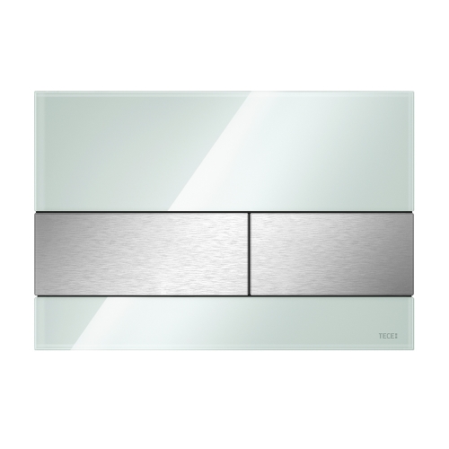 9240804 Стеклянная панель смыва для унитаза TECEsquare, стекло мятный зеленый, клавиши нержавеющая сталь сатин, покрытие против отпечатков пальцев 